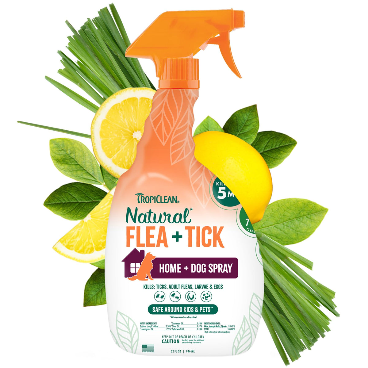 TropiClean flea tick spray bottle for dogs—deters fleas and ticks for up to 7 days.