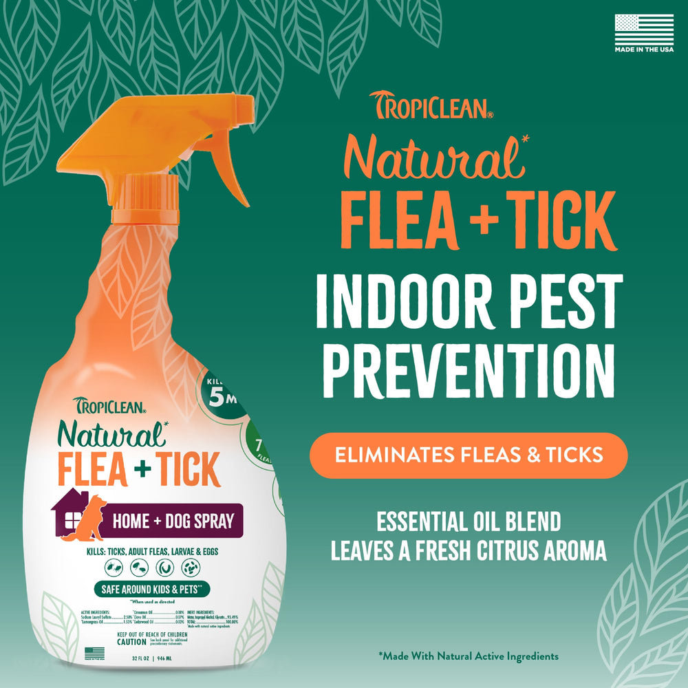 TropiClean spray on furniture and carpets—flea and tick defense for home surfaces.