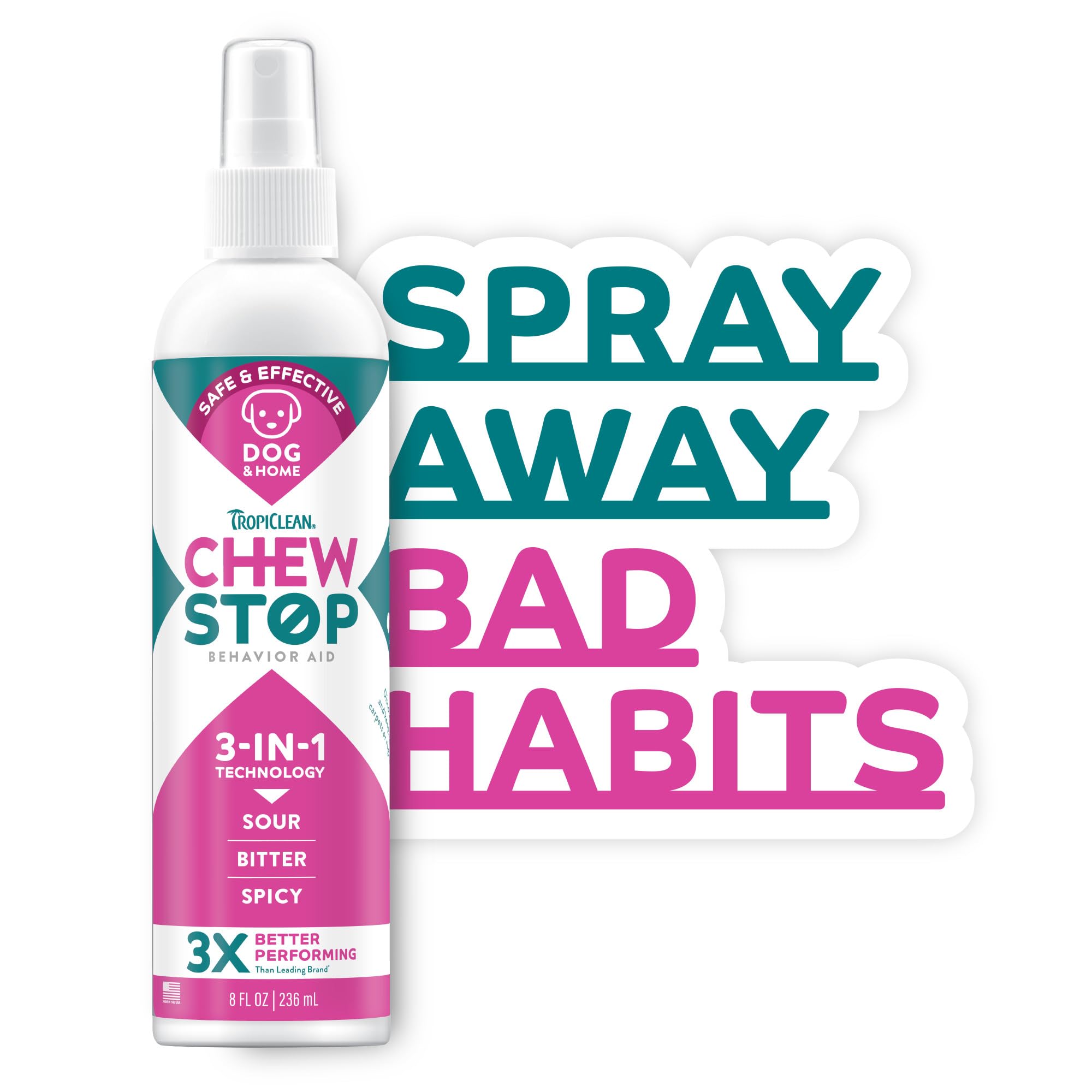 TropiClean No Chew Spray bottle close-up illustrating easy-to-use deterrent design.