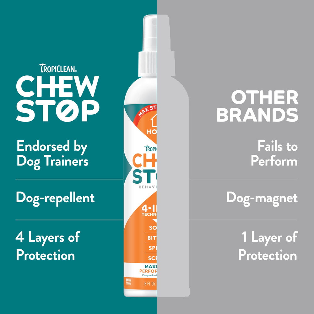 TropiClean No Chew Spray label highlighting safe, natural deterrent.