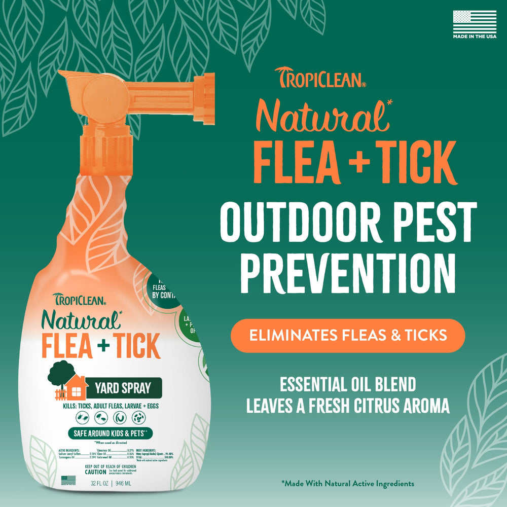 TropiClean outdoor pest prevention spray covers lawns to deter fleas, ticks, and mosquitos.
