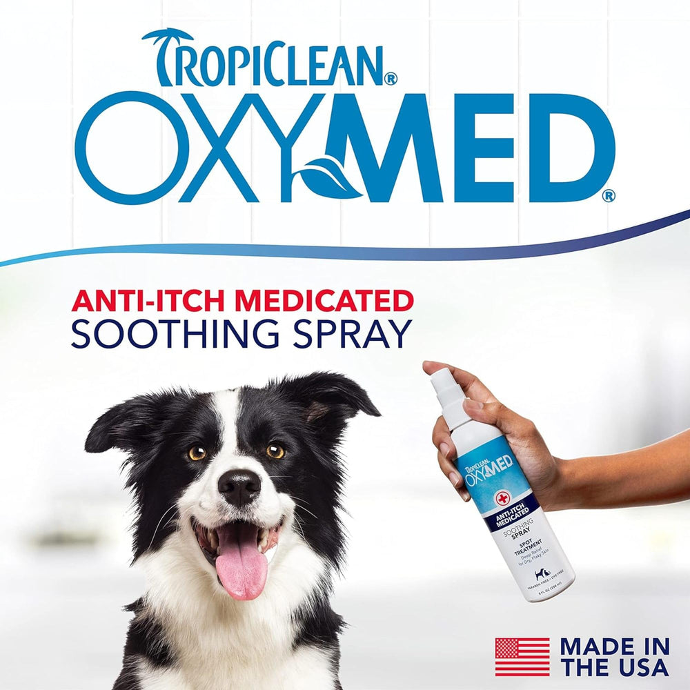 TropiClean OxyMed applied on dog skin for irritated patch relief.