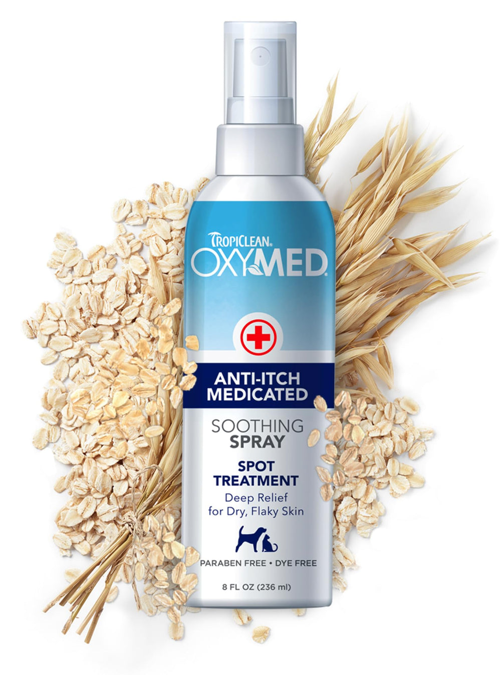 TropiClean OxyMed hot spot bottle close-up for fast itch relief.