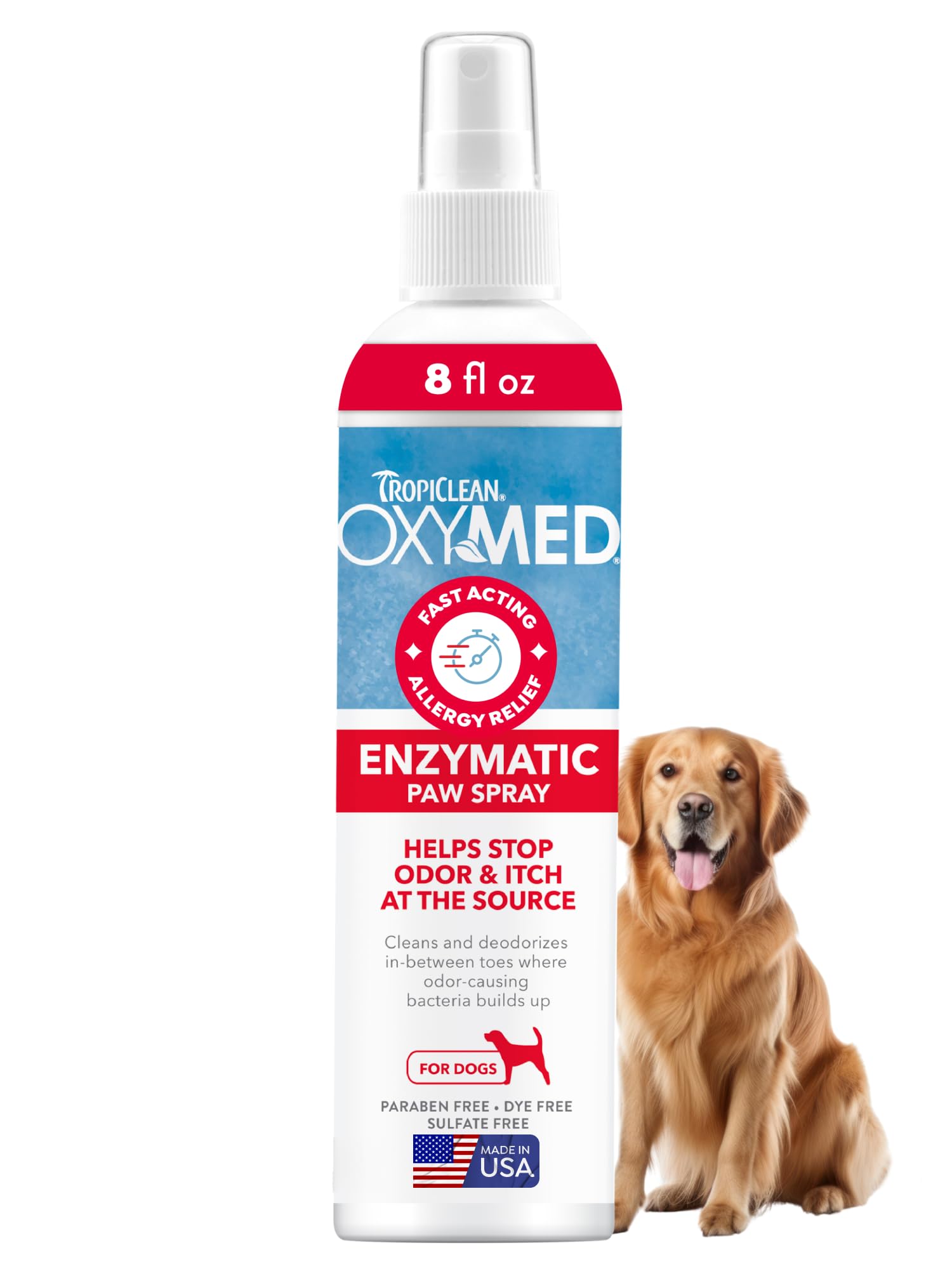 TropiClean OxyMed paw itch relief spray soothing irritated paws and reducing odors.