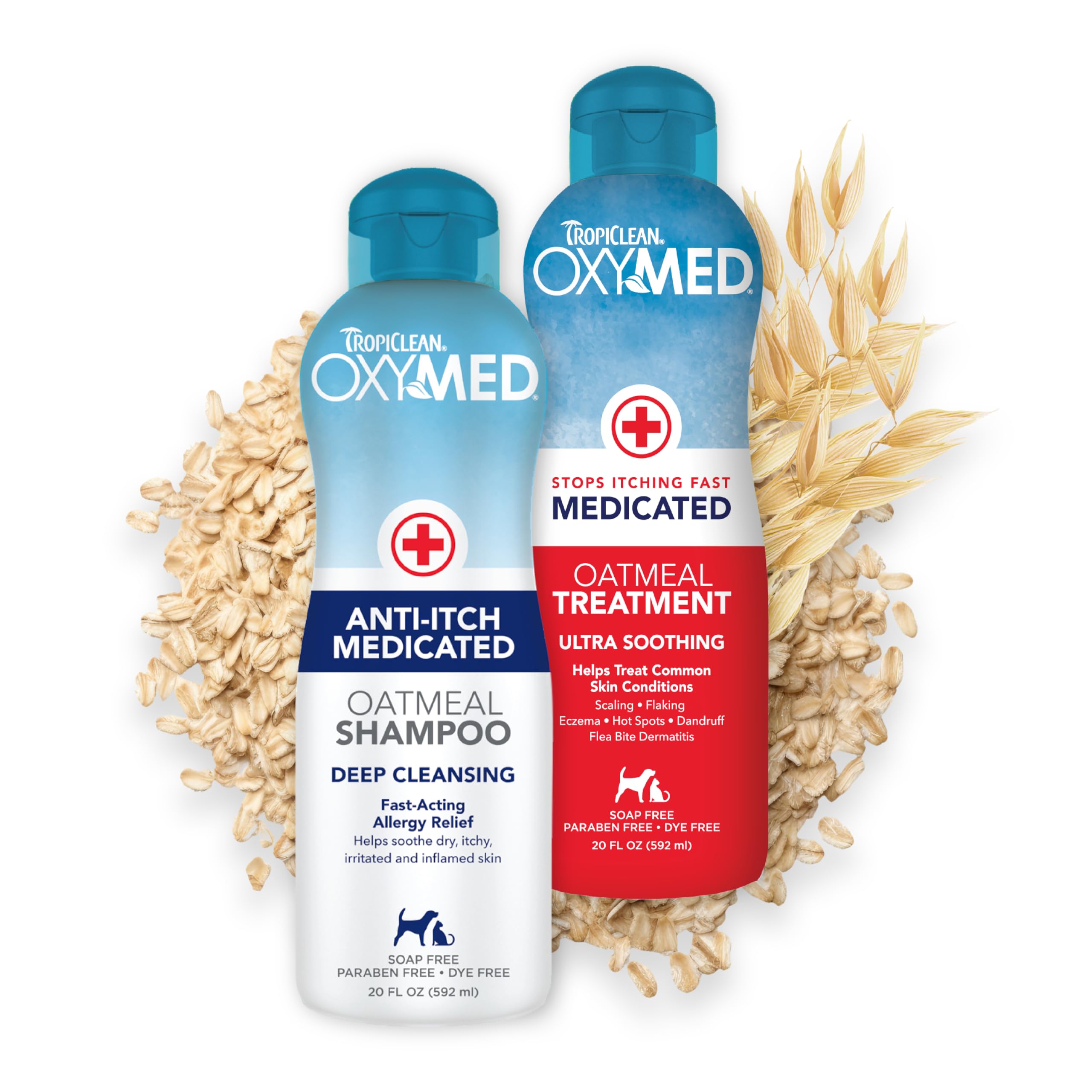 TropiClean Oxymed medicated shampoo bottle shown for smooth application and relief potential