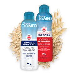 TropiClean Oxymed medicated shampoo bottle shown for smooth application and relief potential