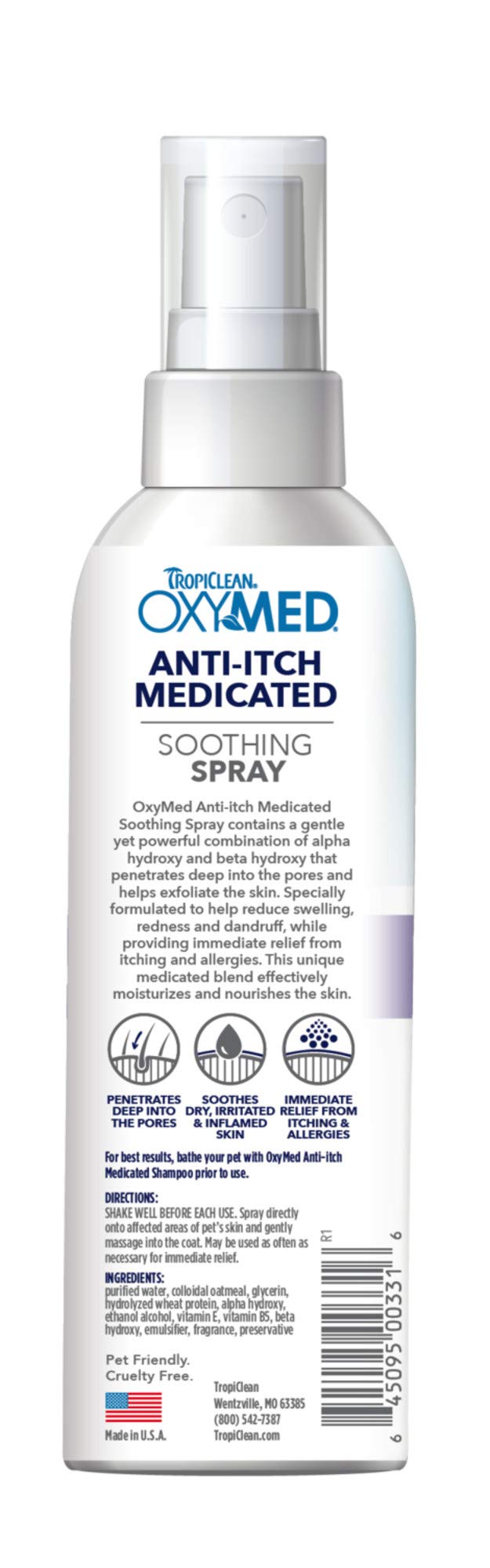 TropiClean OxyMed non-rinse spray application on a dog’s skin.