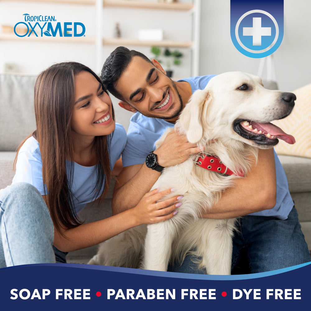 Pet bath scene with TropiClean Oxymed set for dogs and cats