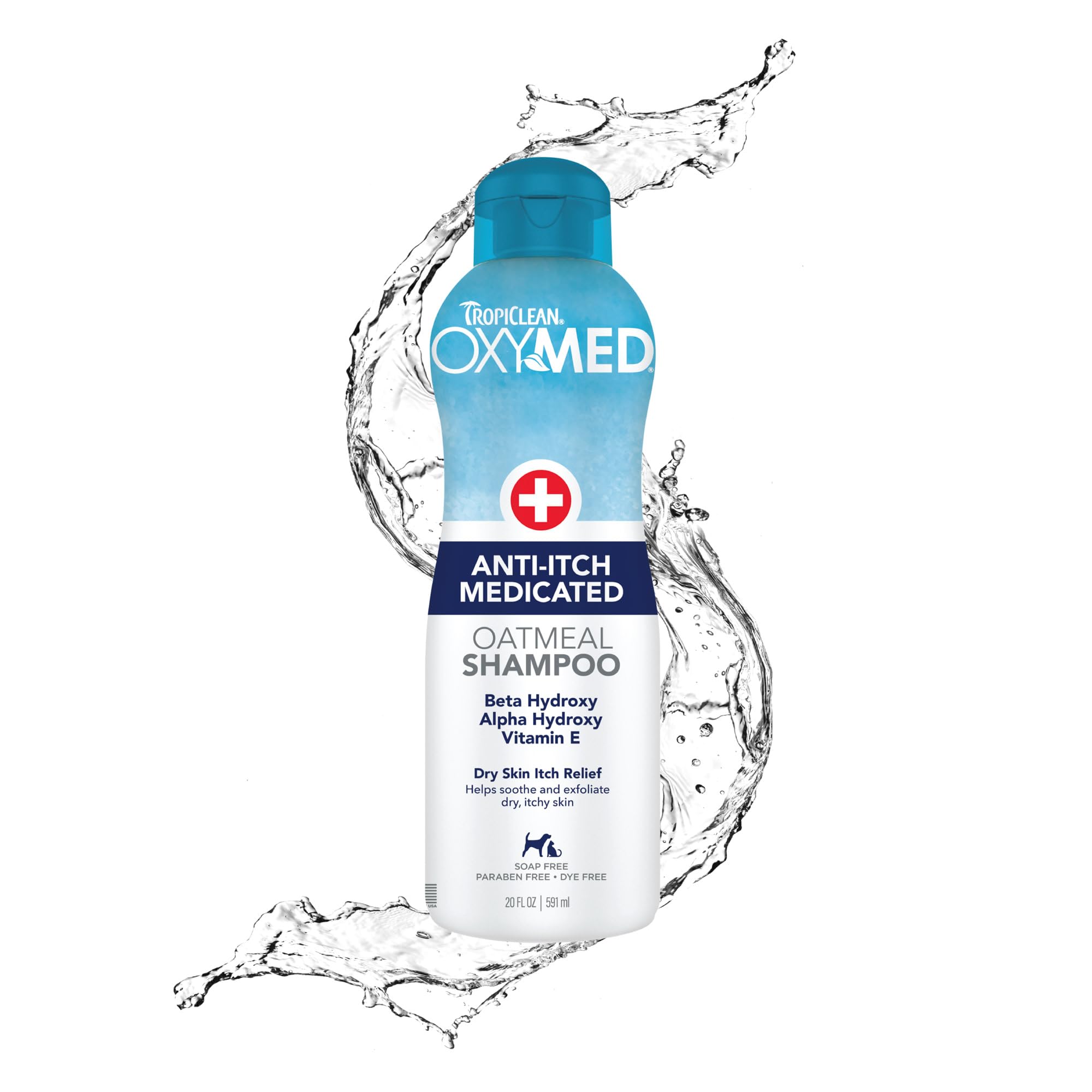 TropiClean OxyMed shampoo bottle for dogs delivers soothing relief for itchy skin.