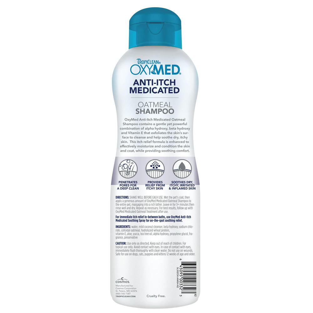 TropiClean OxyMed oatmeal ingredients highlight a nourishing formula to calm irritation.