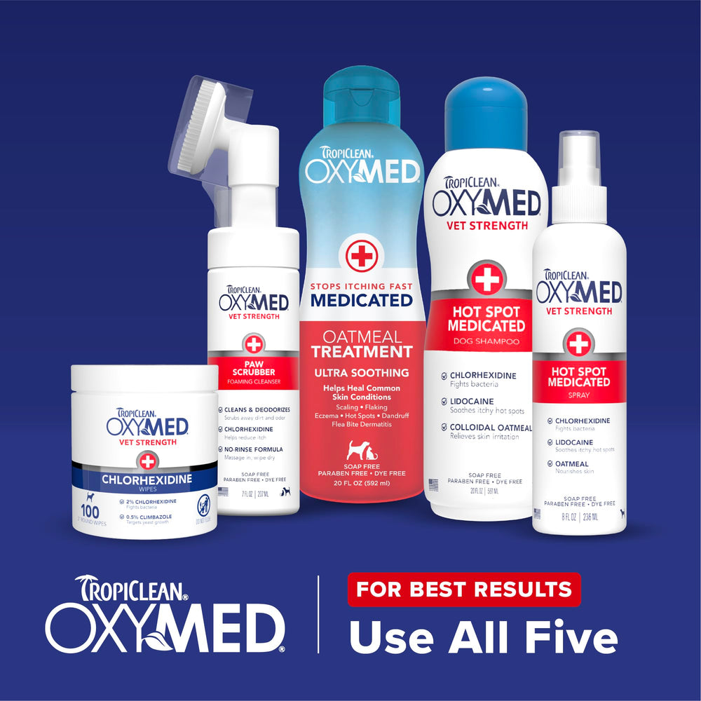 TropiClean OxyMed wipes shown with Oxymed Shampoo for integrated care.