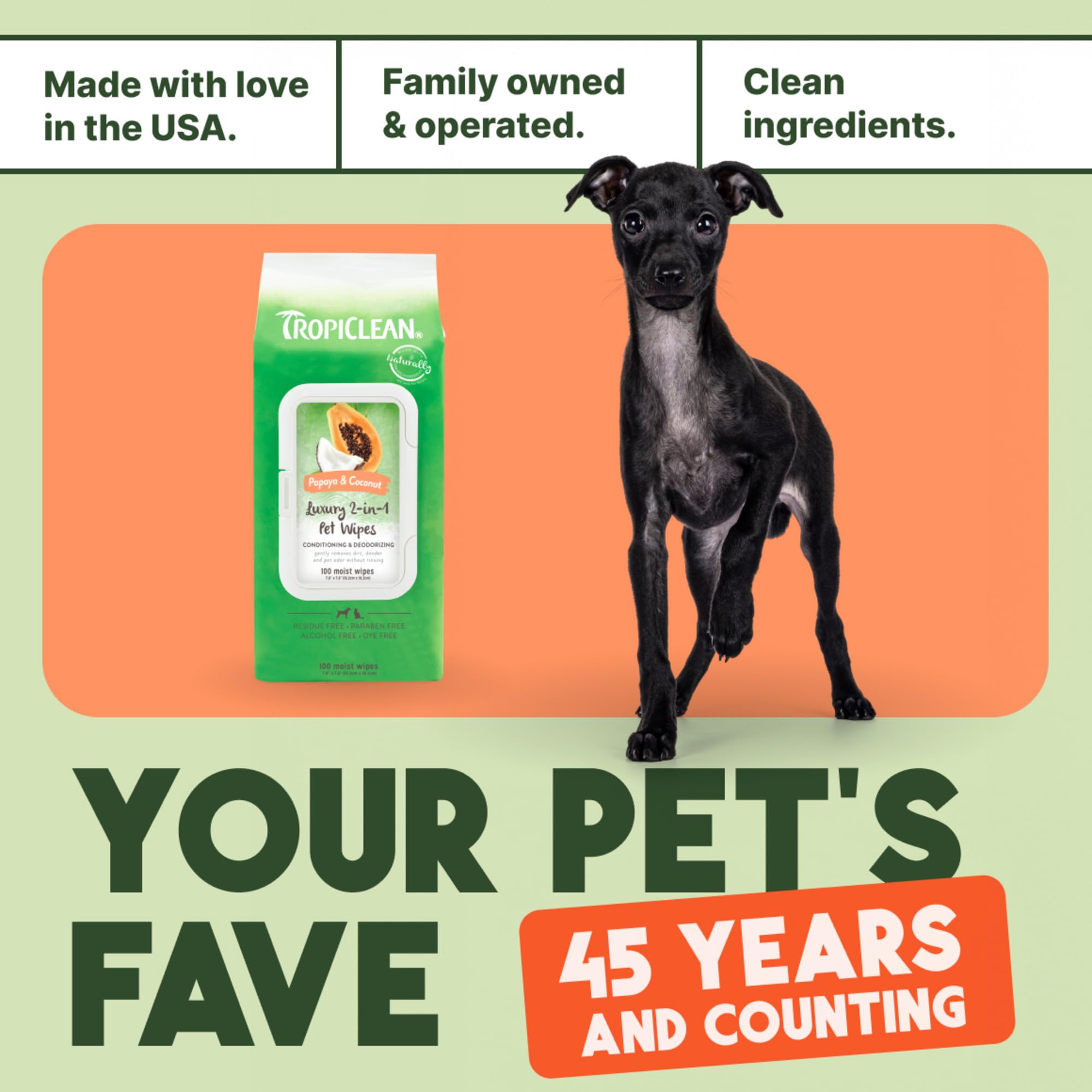 TropiClean Papaya & Coconut wipes odor control with tropical scent.