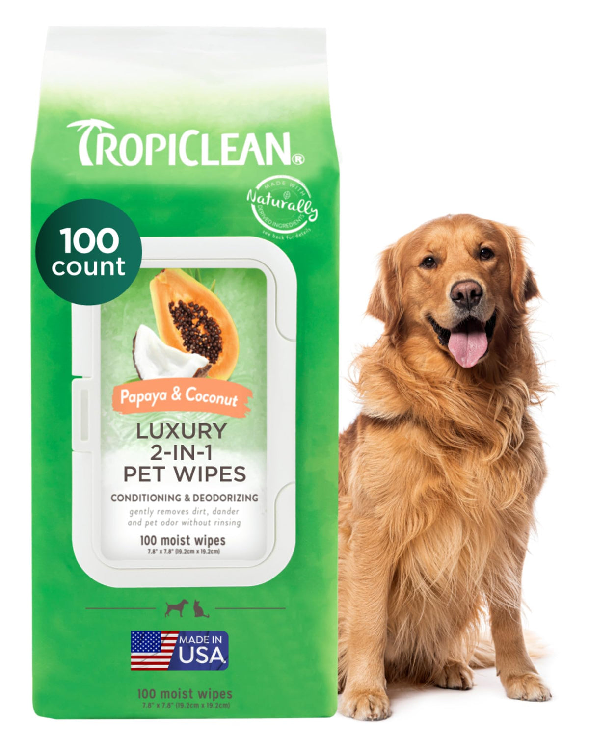 TropiClean Papaya & Coconut wipes packaging for on-the-go cleaning.