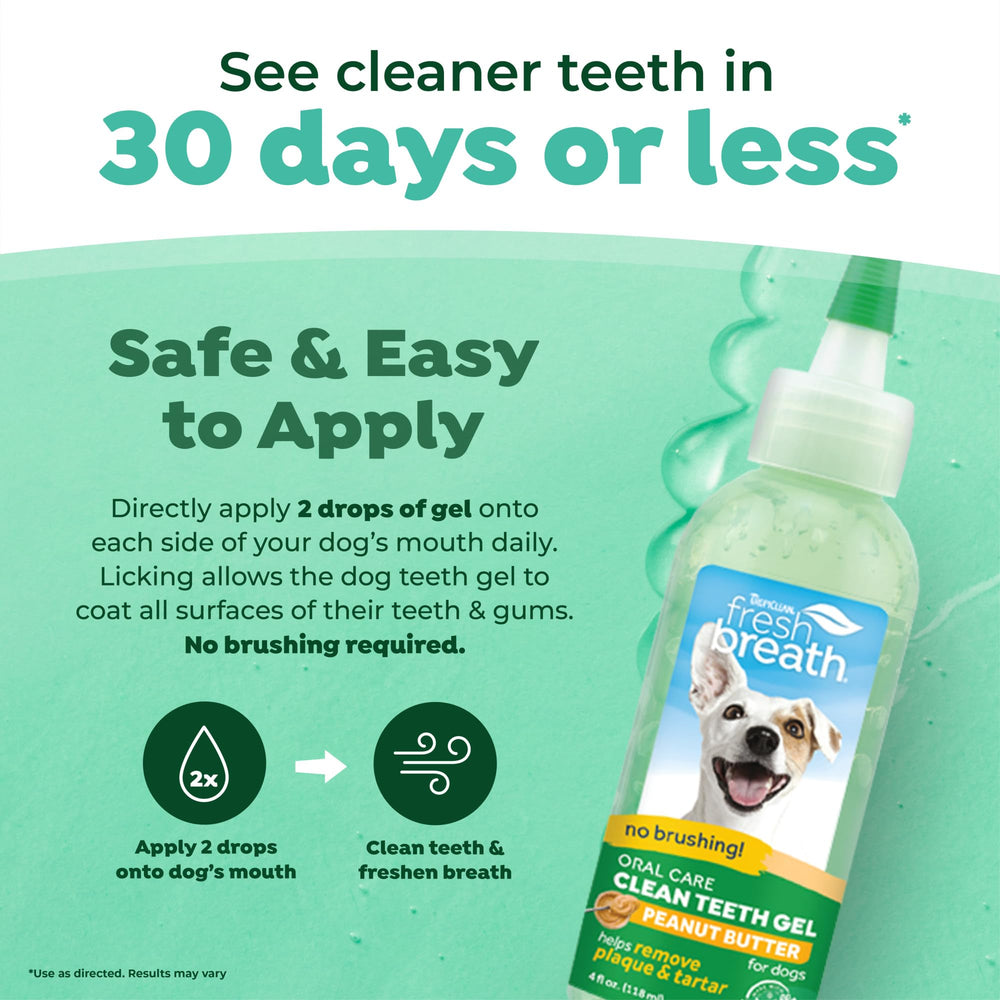 TropiClean peanut butter flavor dog gel for daily oral hygiene.