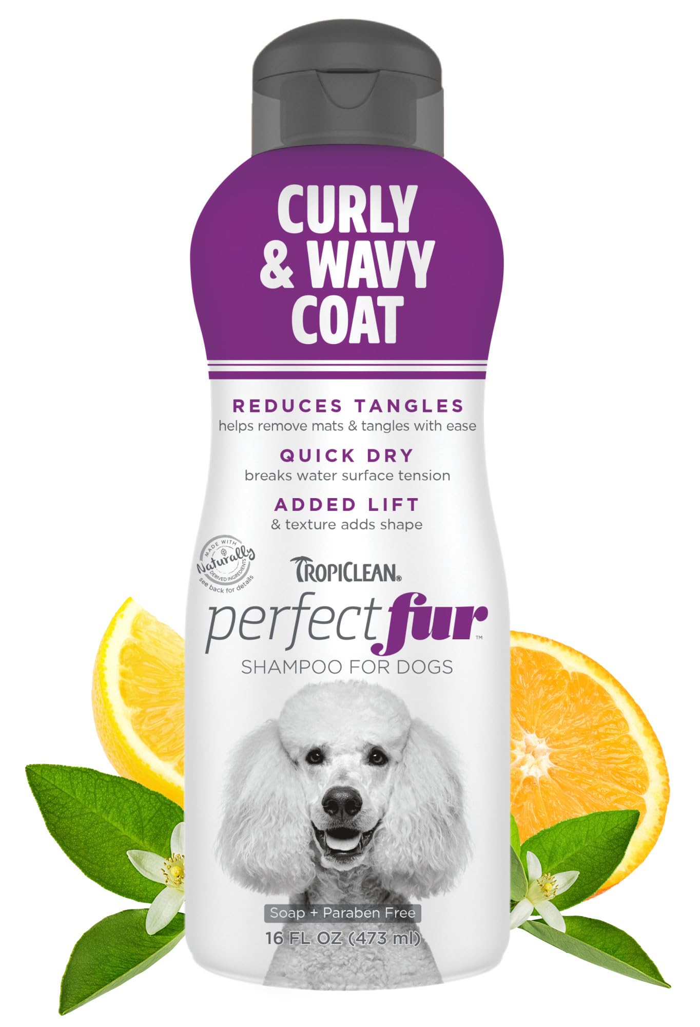 TropiClean Perfect Fur detangler shampoo bottle promotes easier detangling for curly coats