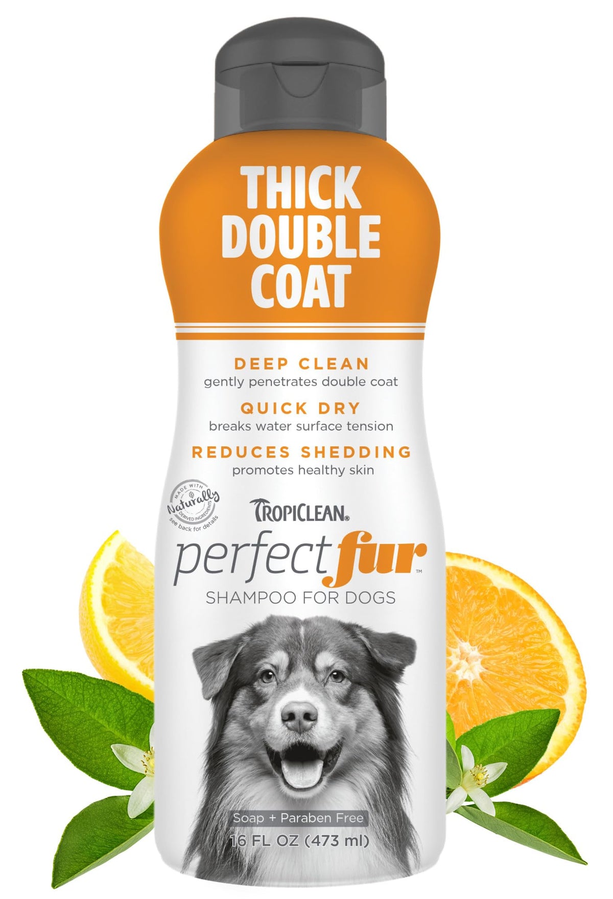 TropiClean Perfect Fur detangling shampoo bottle for thick coats.