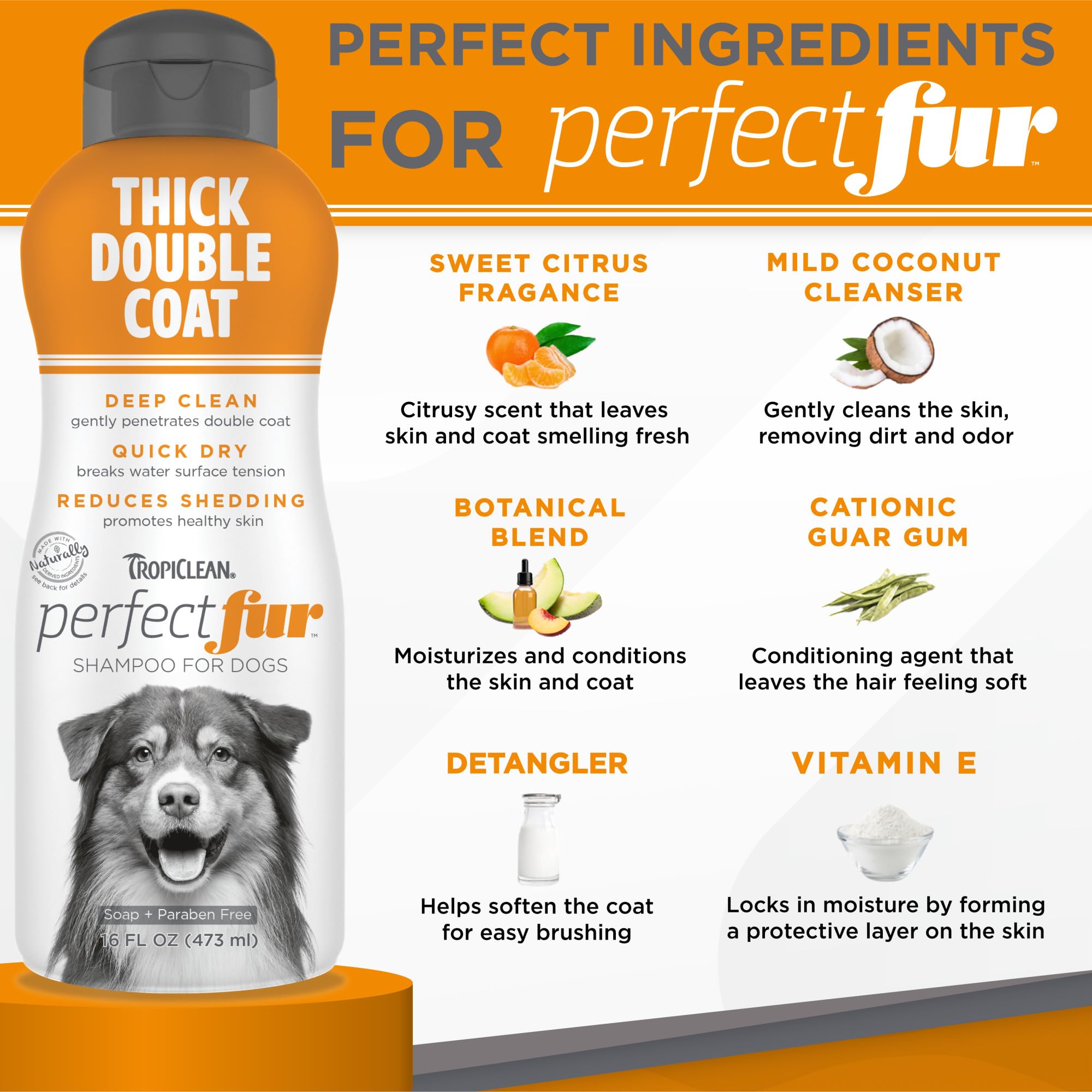 TropiClean Perfect Fur packaging shows USA-made formula with vitamin E.