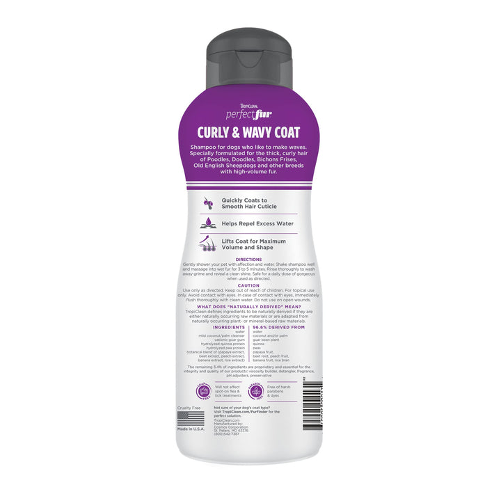 TropiClean Perfect Fur shampoo label closeup highlighting ingredients and gentle cleansing