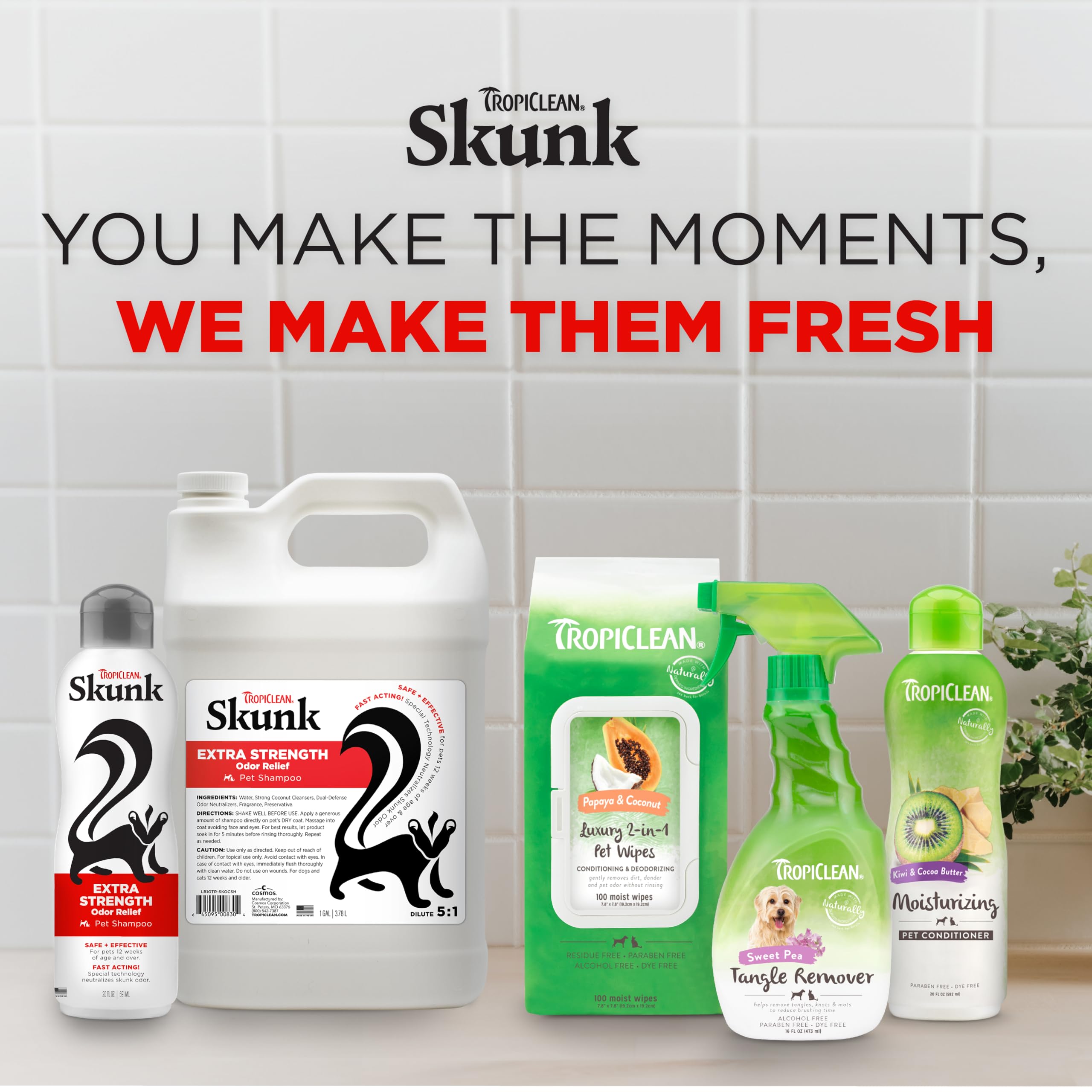 TropiClean Skunk Odor Control Shampoo 20 oz bottle ready for emergency odor relief