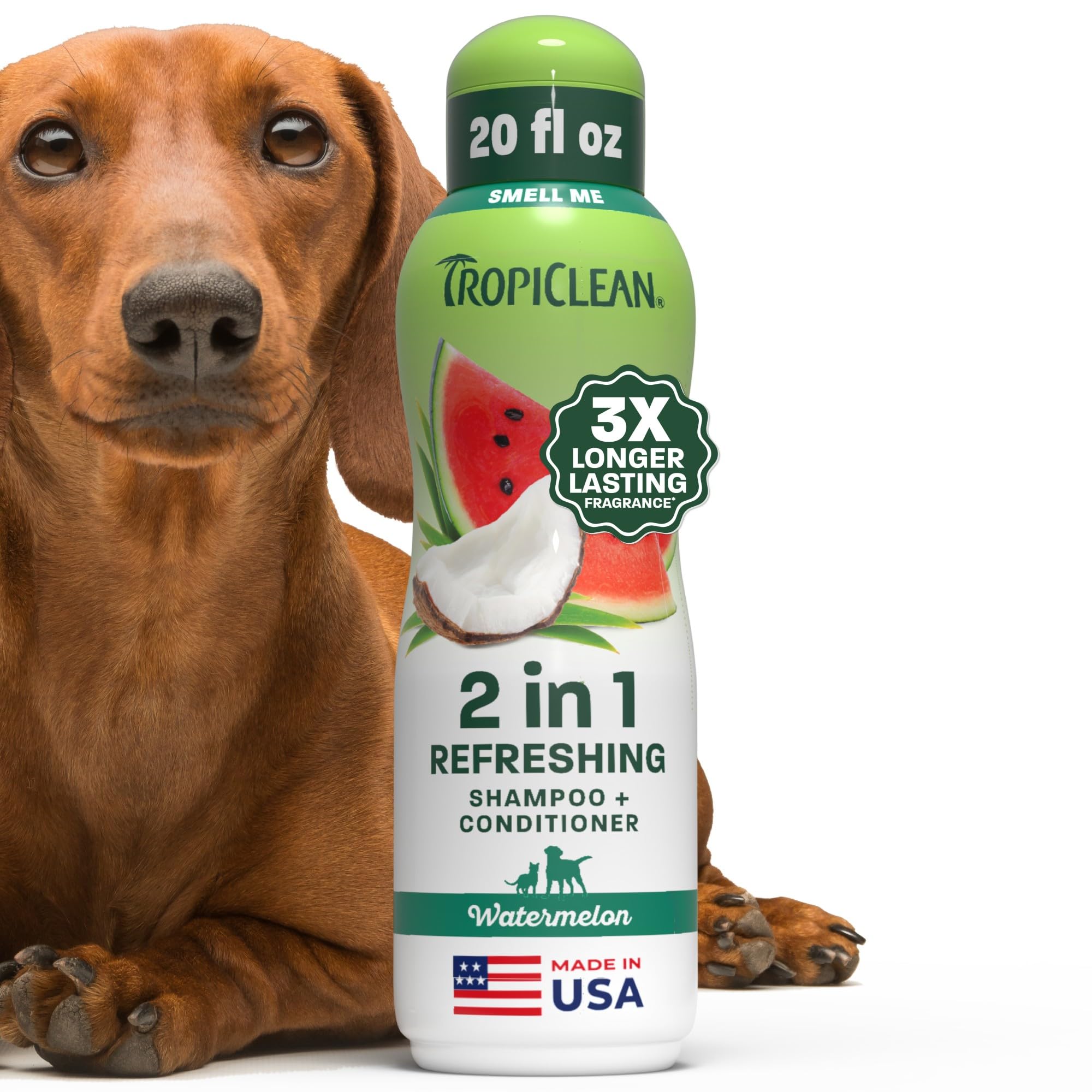 TropiClean Watermelon 2-in-1 bottle front for easy pet baths and conditioning.