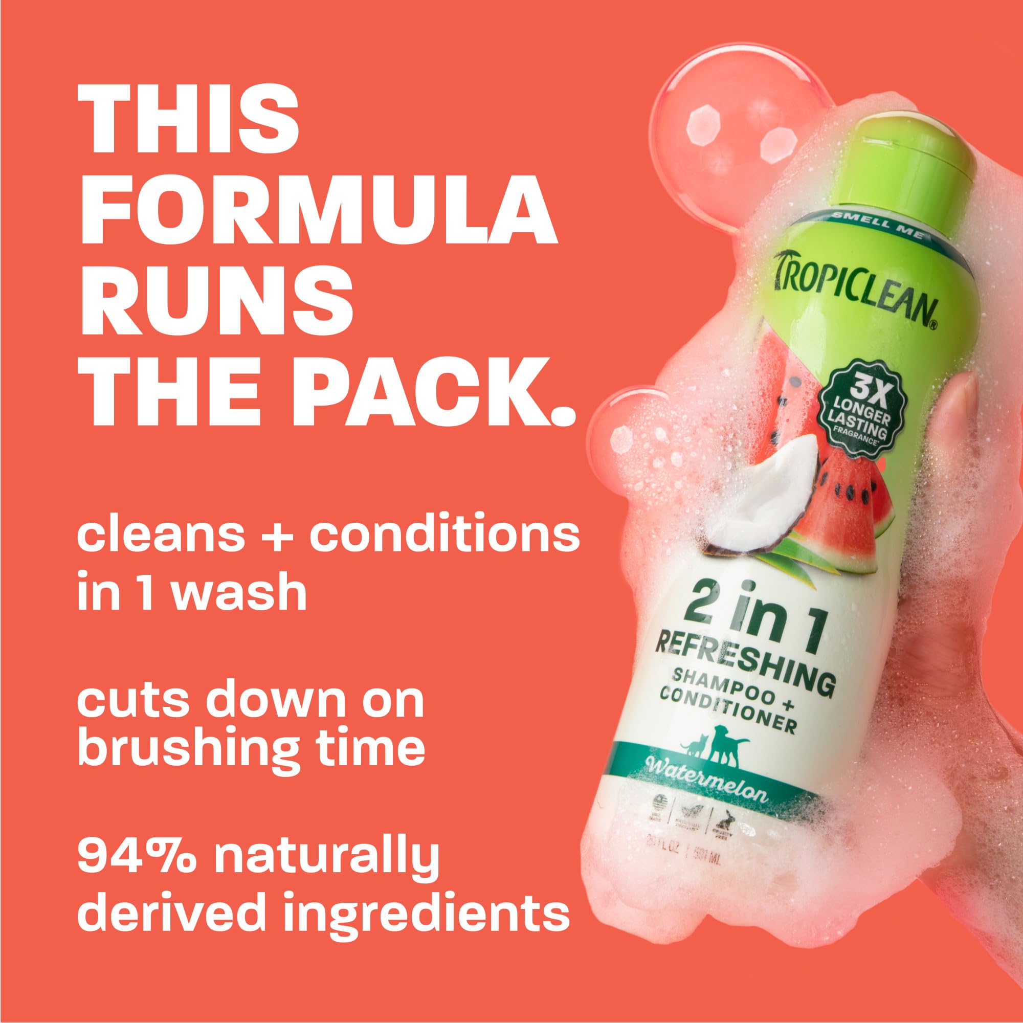 TropiClean Watermelon 2-in-1 coat shine after wash enhances fur appearance.