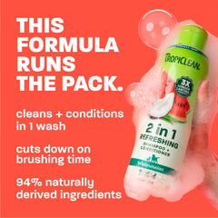 TropiClean Watermelon 2-in-1 coat shine after wash enhances fur appearance.