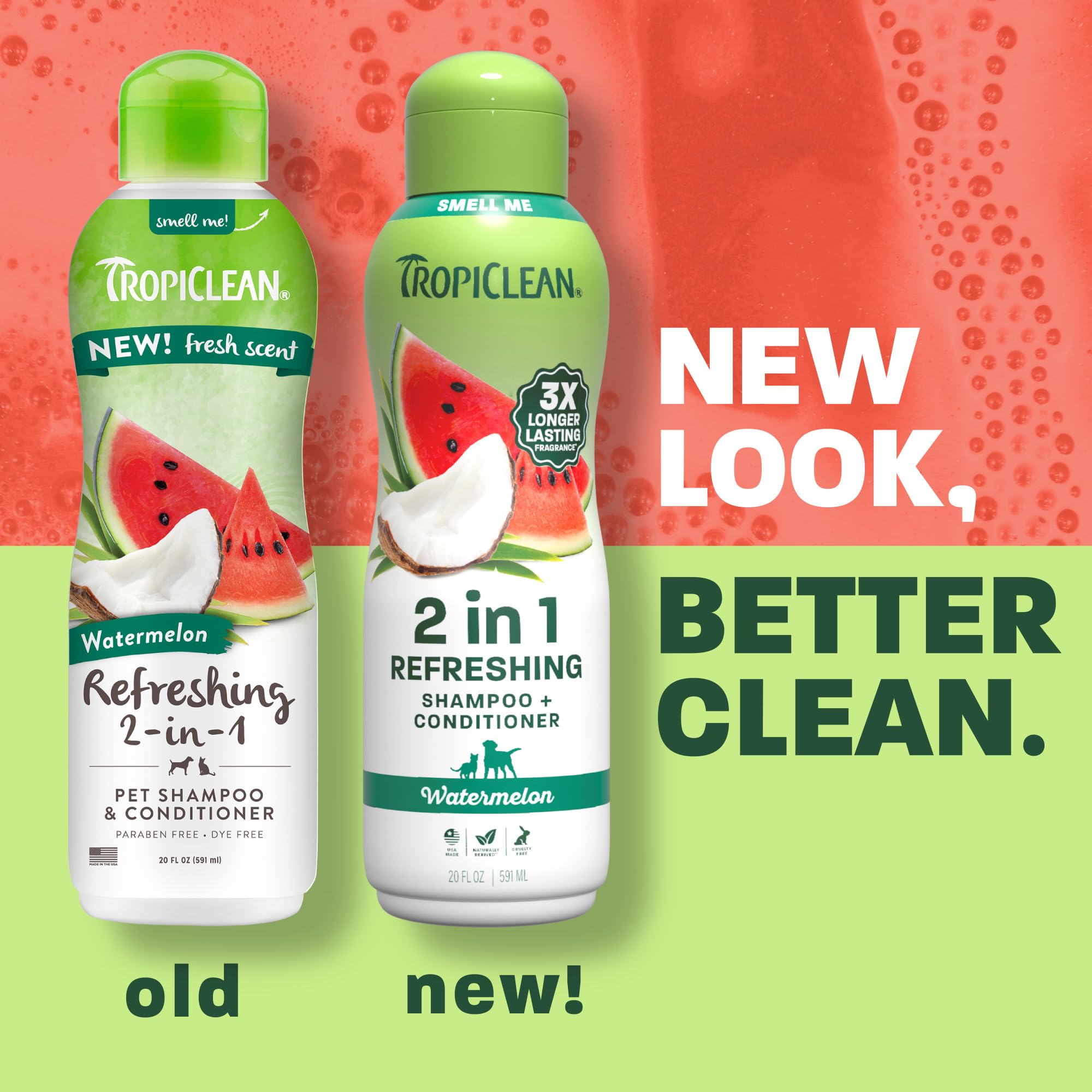 TropiClean Watermelon 2-in-1 lather image highlights rich suds for quick cleaning.