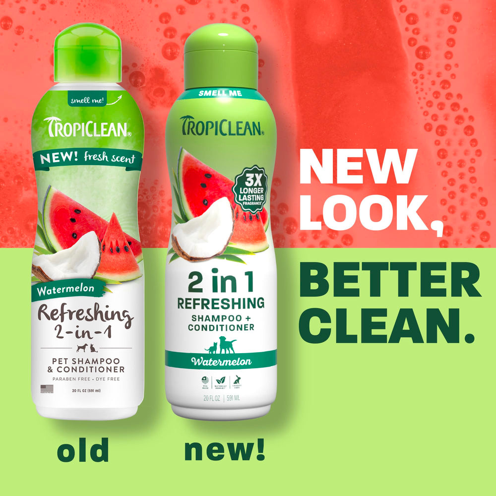 TropiClean Watermelon 2-in-1 lather image highlights rich suds for quick cleaning.
