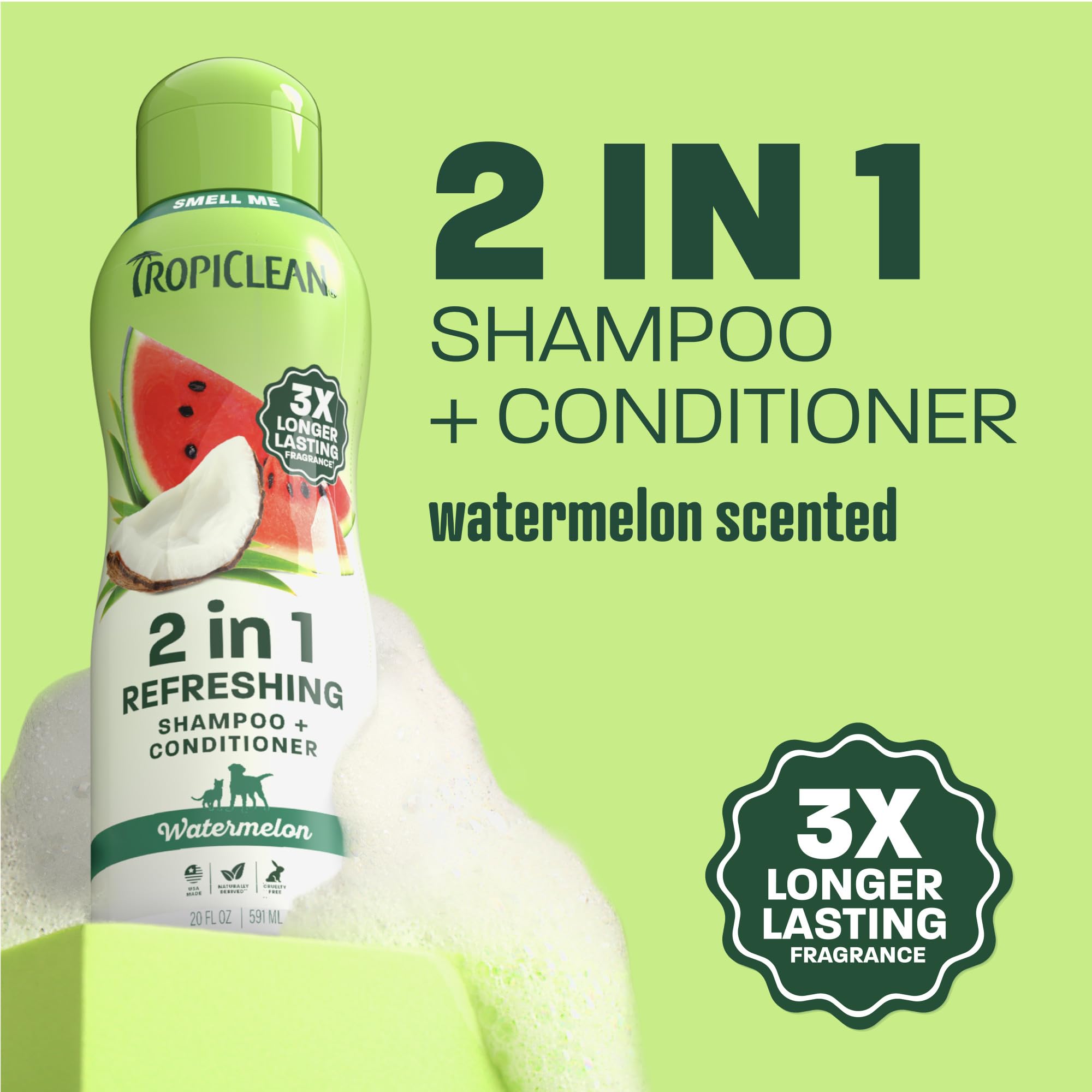 TropiClean Watermelon 2-in-1 bath time scene with a happy, relaxed pet.
