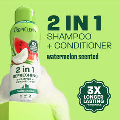 TropiClean Watermelon 2-in-1 bath time scene with a happy, relaxed pet.