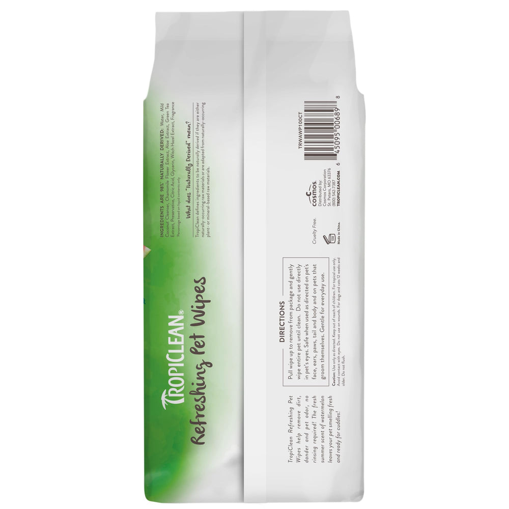 TropiClean Watermelon Wipes on-the-go: quick pet cleanups anytime.