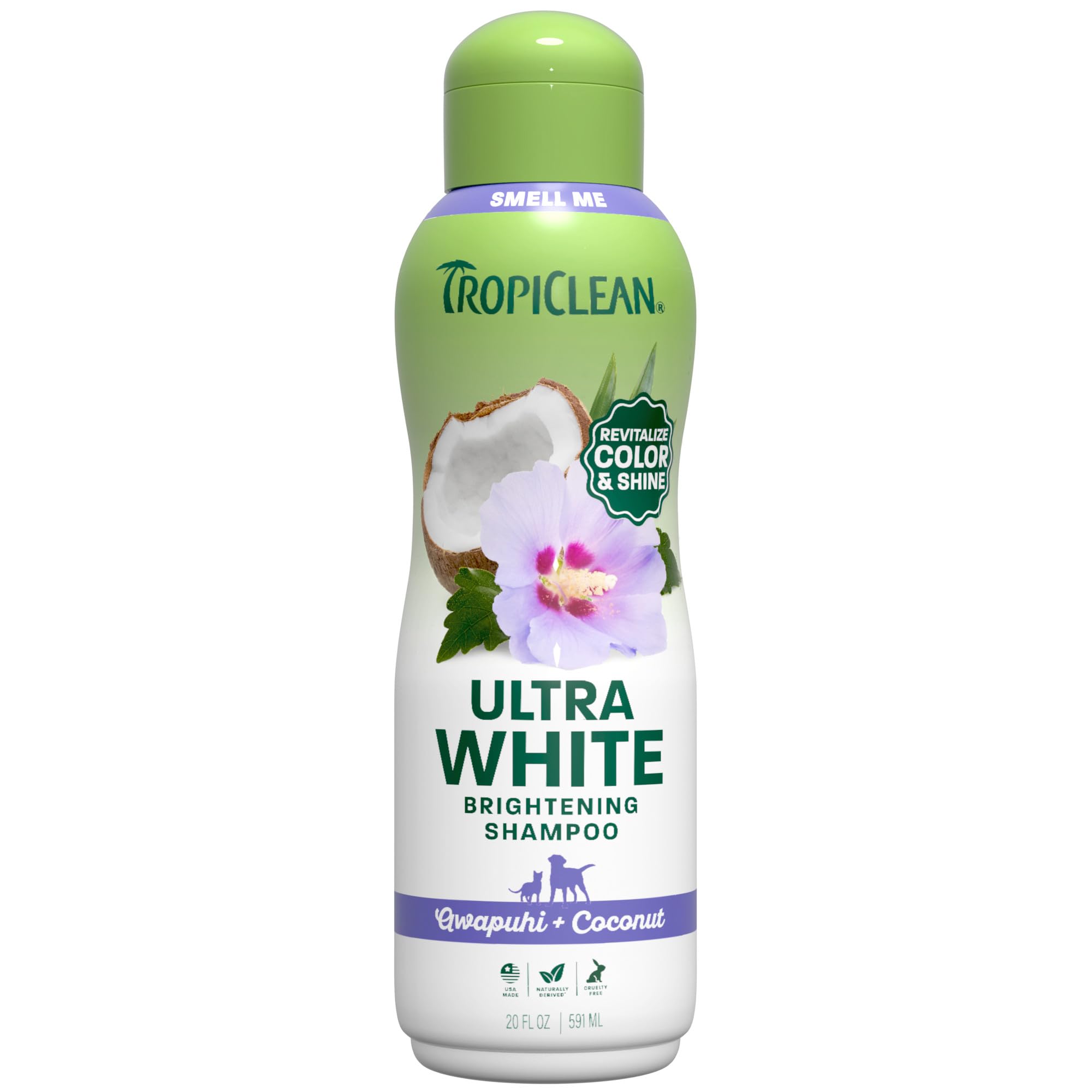 TropiClean Whitening Dog Shampoo bottle shows brightening formula for all coat colors.