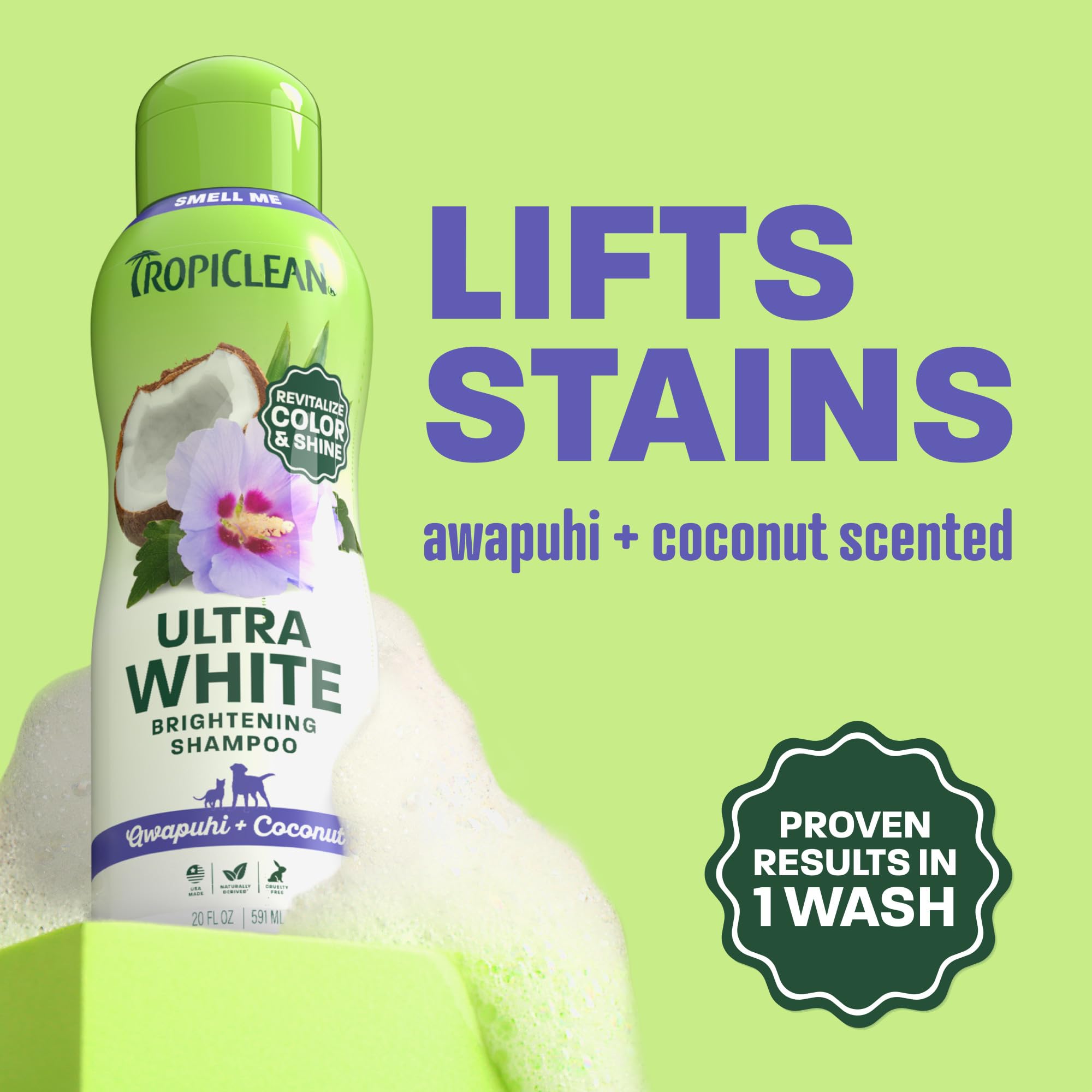 TropiClean Whitening Dog Shampoo lather on a dog demonstrates deep cleaning.
