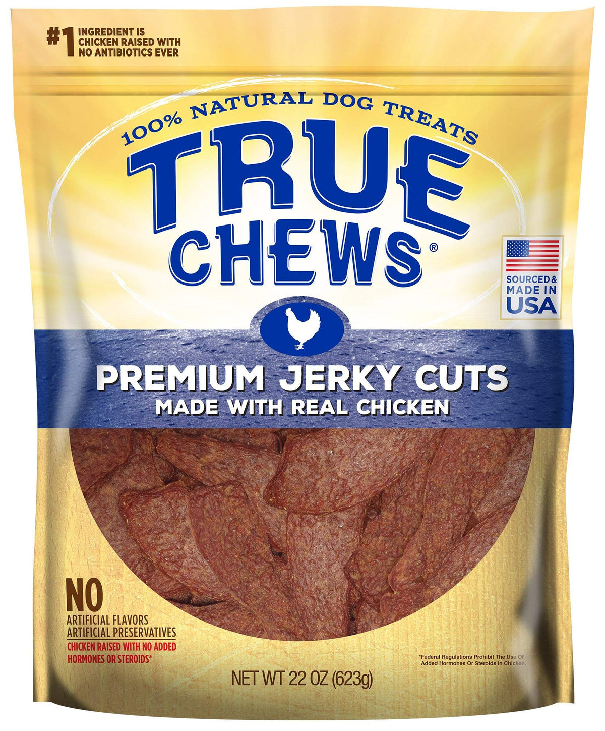 True Chews Premium Jerky Cuts bag front shows real chicken as top ingredient.