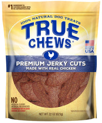True Chews Premium Jerky Cuts bag front shows real chicken as top ingredient.