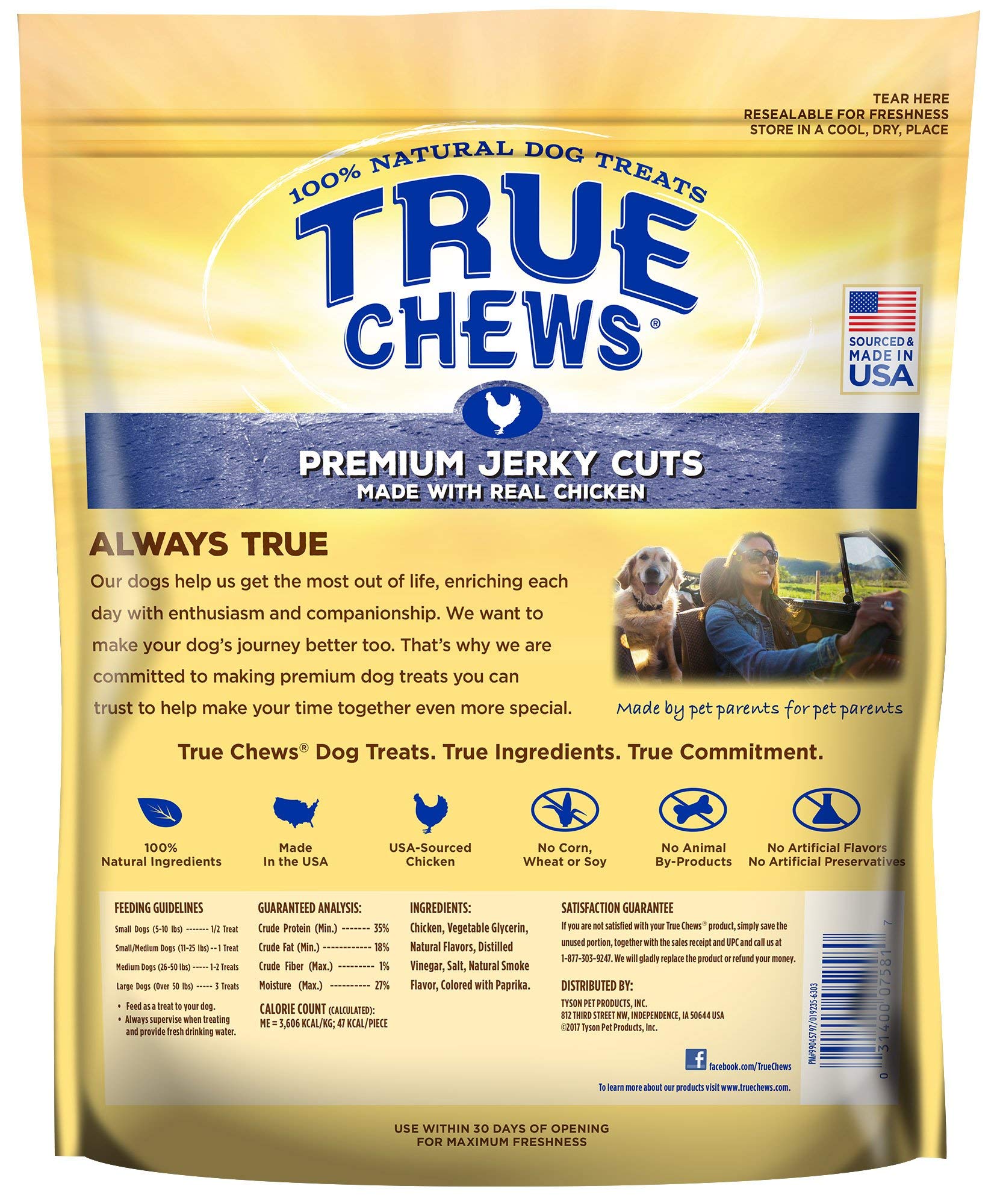 True Chews Jerky Cuts chicken ingredient panel highlights no corn, wheat, or soy.