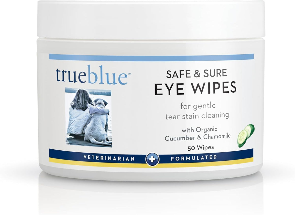 TrueBlue cucumber chamomile eye wipes pack cleans tear stains around the eyes