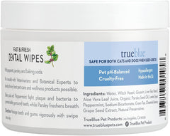 TrueBlue Fast and Fresh wipes show textured pads for easy dental care.