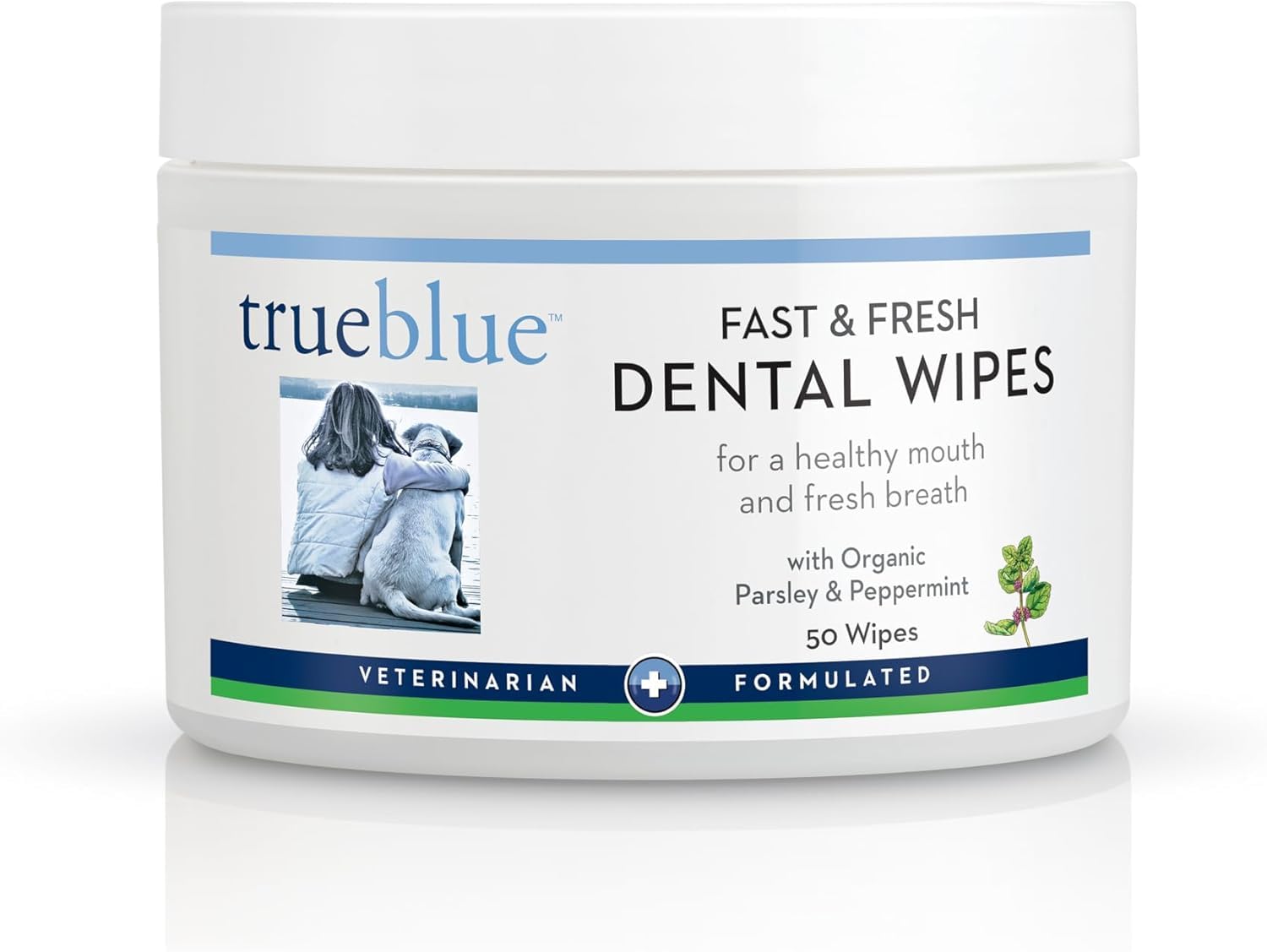 TrueBlue Parsley and Peppermint dental wipes package closeup for natural dental care.