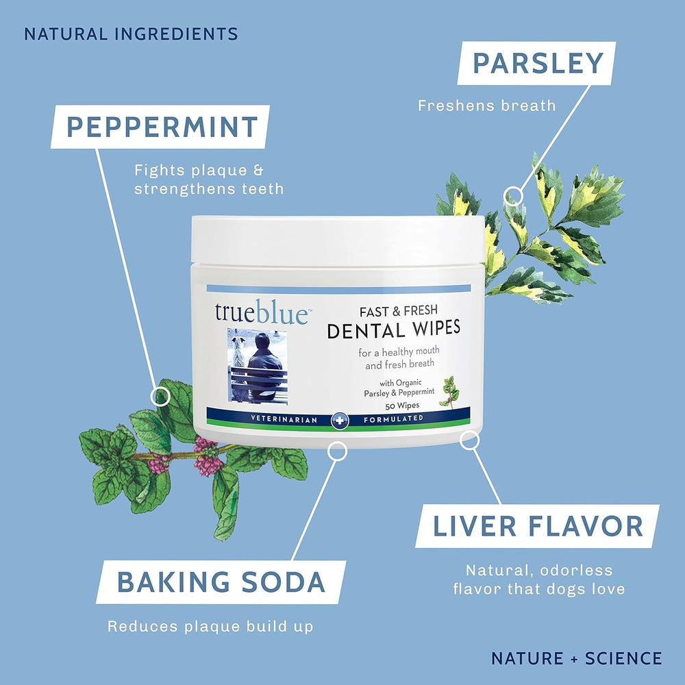 TrueBlue Parsley and Peppermint ingredients panel highlighting natural botanicals.