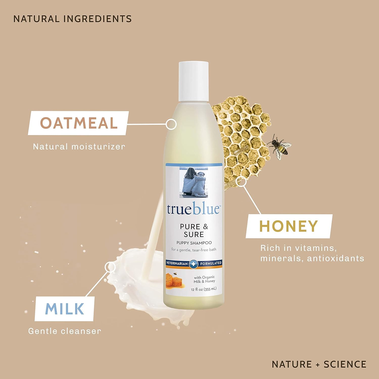 Close-up of TrueBlue Puppy Shampoo ingredients: organic milk and oatmeal for skin hydration.
