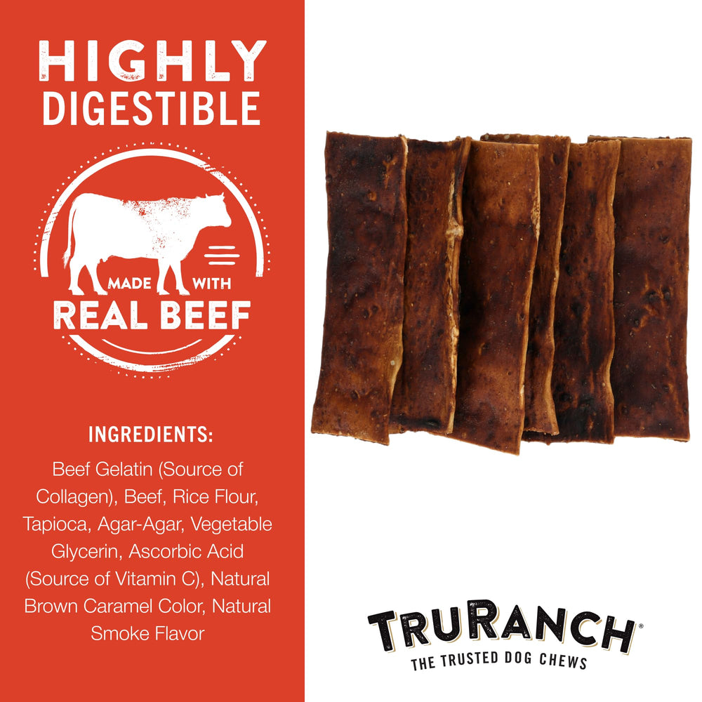 TRURANCH Collagen Dog Chips beef flavor closeup highlights durable chew for boredom relief.