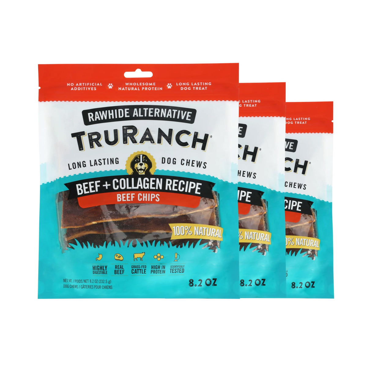TRURANCH Collagen Dog Chips pack front highlights beef flavor and value pack option.