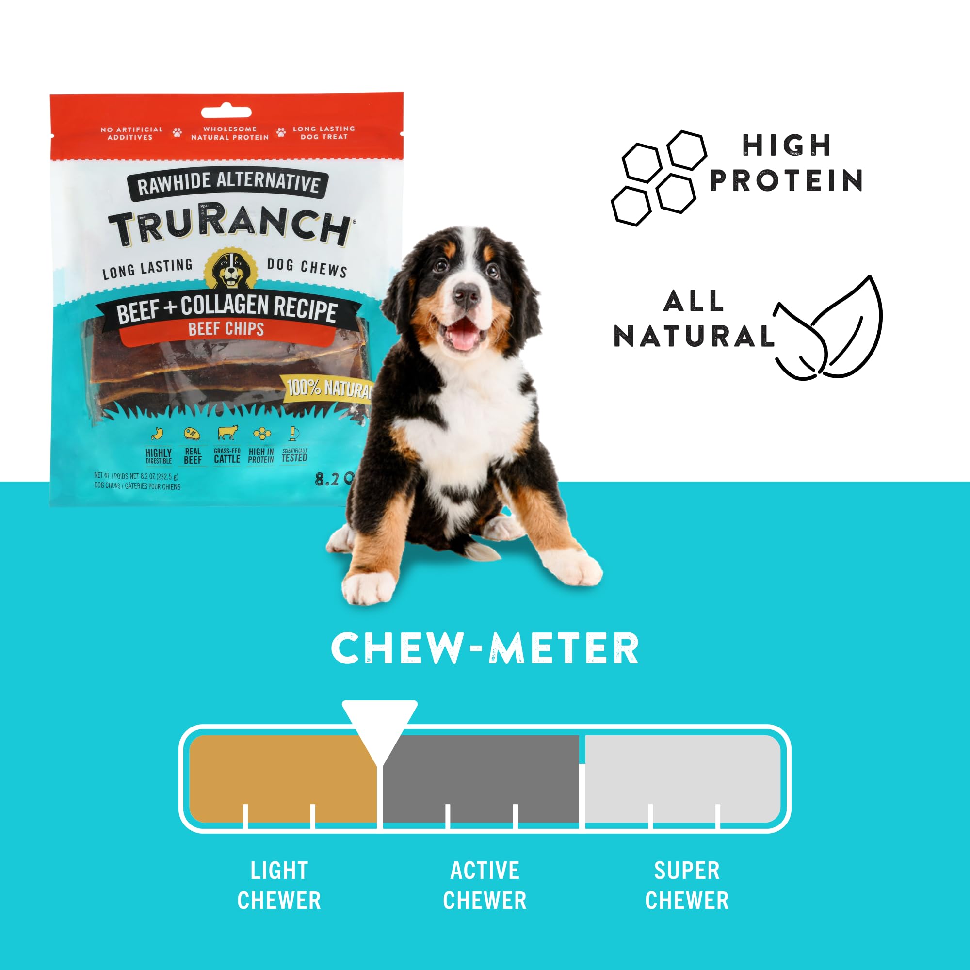 TRURANCH Dog Chips rawhide-free badge image shows safer chew and stomach-friendly option.
