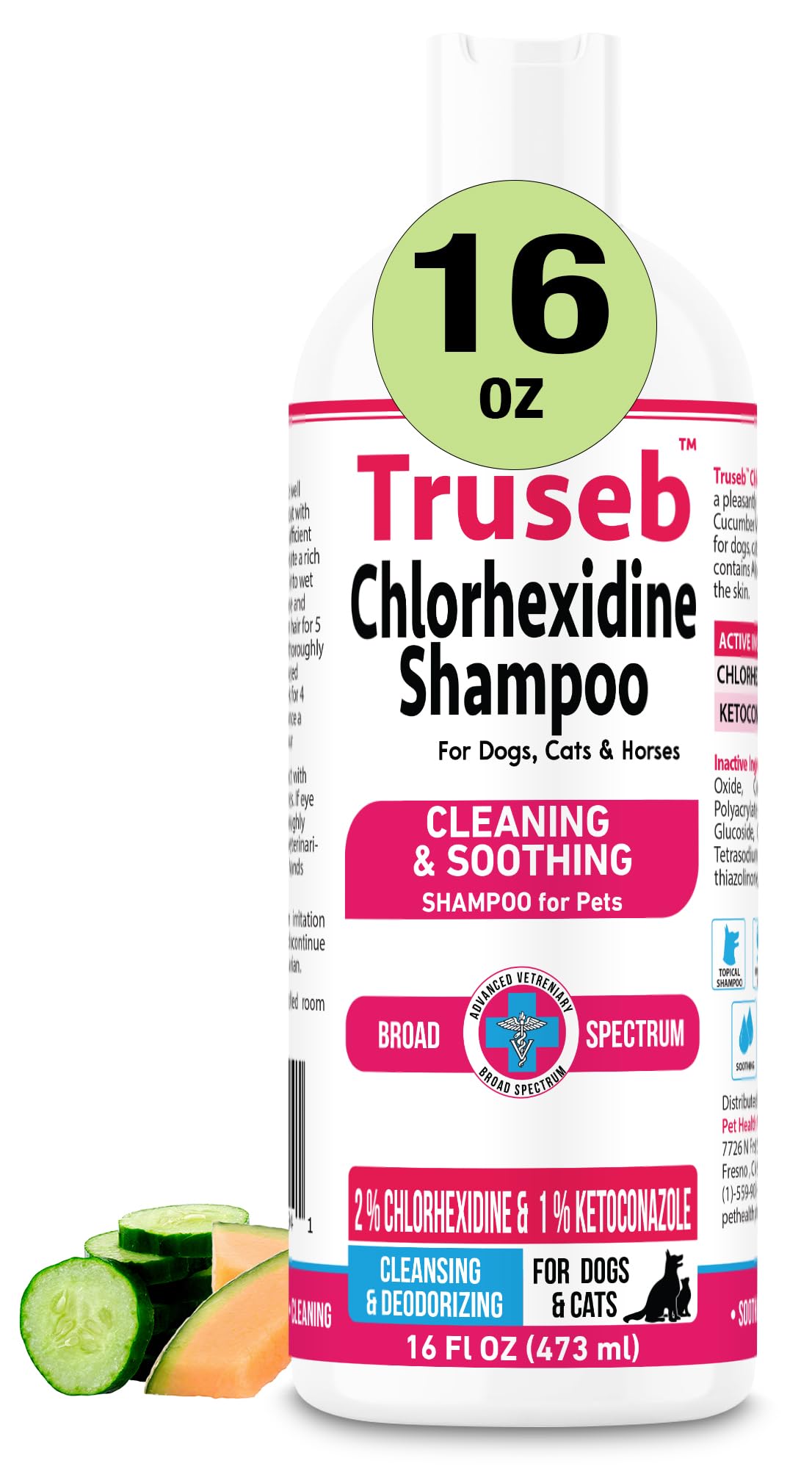 Truseb shampoo bottle front highlights vet-strength cleansing.