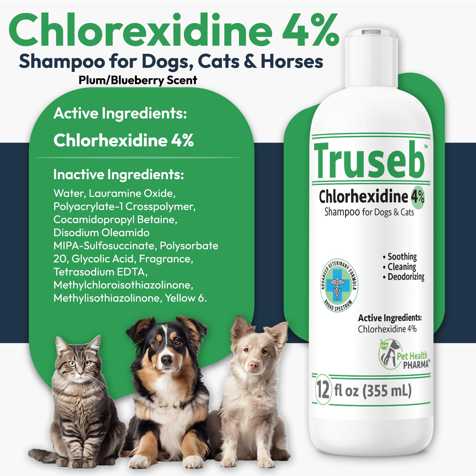Truseb cat shampoo bottle cleanses and deodorizes with Aloe for sensitive skin.