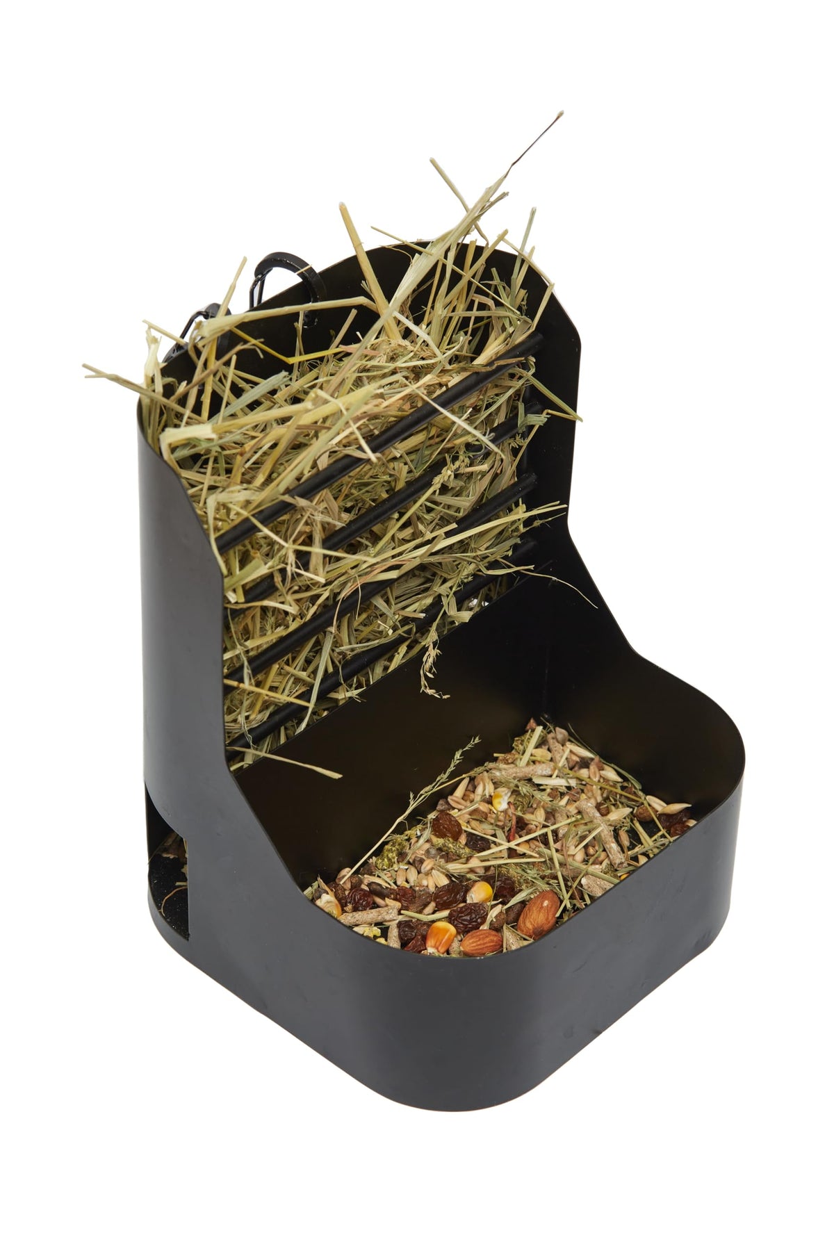 Trustic hay and food feeder front view shows sturdy metal construction for small pets.