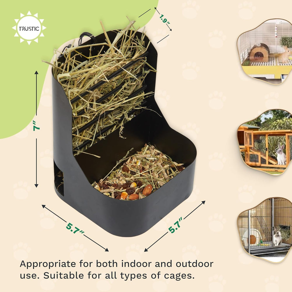 Two-compartment design close-up demonstrates hay and pellets separation.