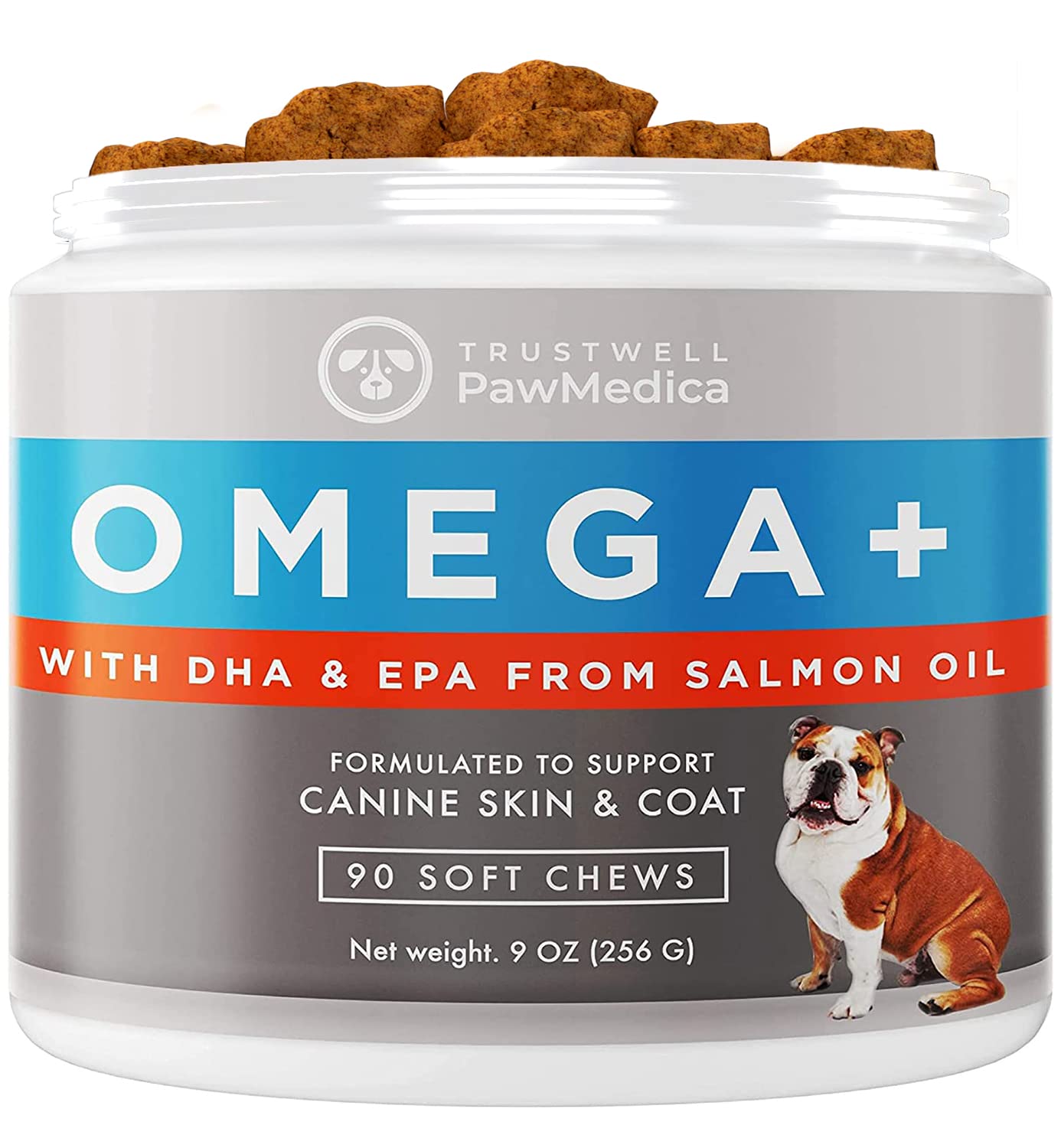 TrustWell PawMedica Omega-3 for dogs bottle closeup highlighting premium packaging for healthy skin.