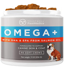 TrustWell PawMedica Omega-3 for dogs bottle closeup highlighting premium packaging for healthy skin.